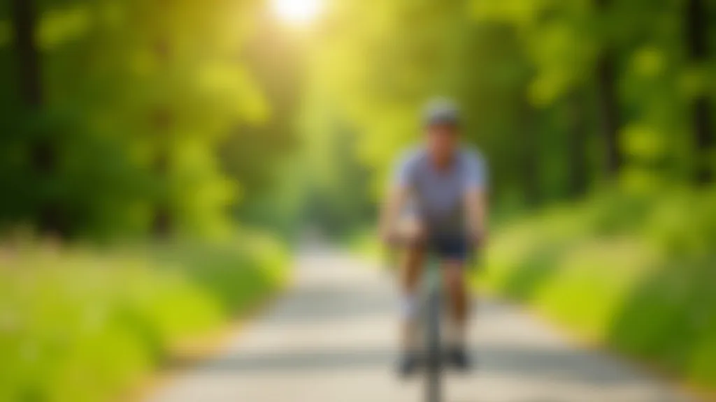 Senior cyclist on flat trail smiling at camera