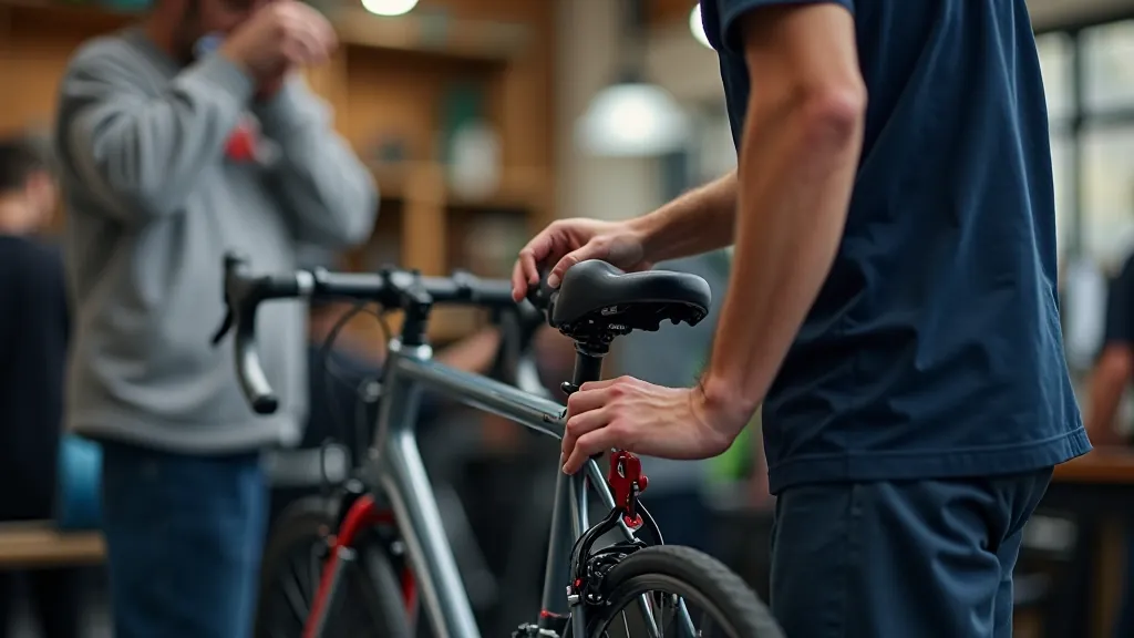 Bike shop professional adjusting seat height on customer's bike, hands-on fitting, bright workshop