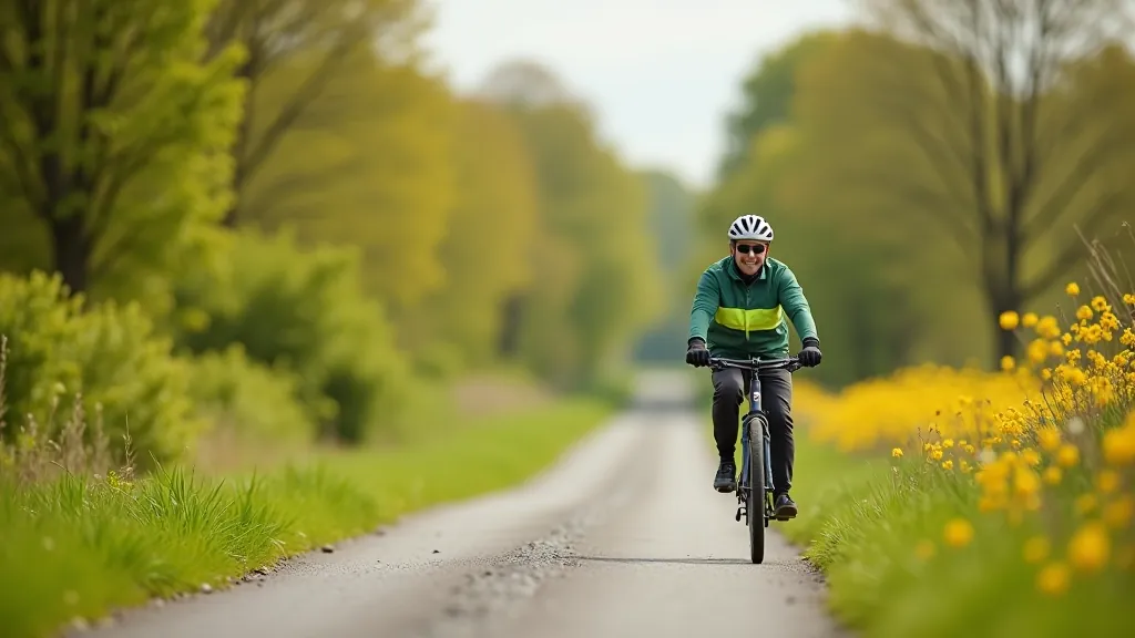 Cyclist riding safely on a rural path wearing safety gear and helmet with clear visibility