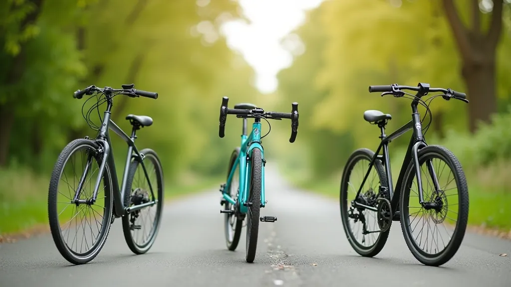 Different types of bikes displayed side by side showing hybrid, road, and comfort bikes suitable for seniors