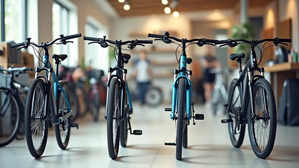 Four different bikes displayed side by side: hybrid, cruiser, electric, and mountain bike, bright shop setting, clear detail