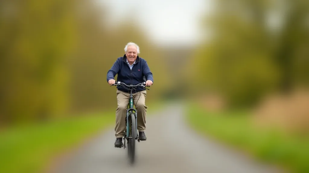 Older adult on bicycle outdoors, smiling, cycling on flat path