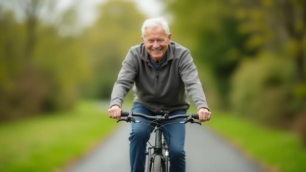 Older cyclist on a flat cycling path, smiling with confidence and proper form
