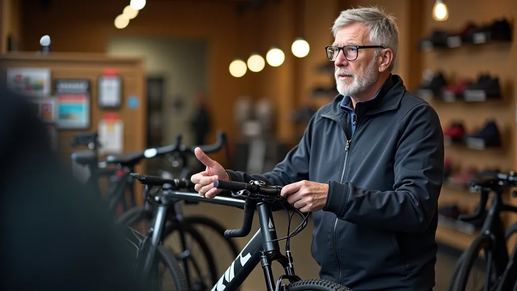 Person selecting a comfortable hybrid bike in a bike shop