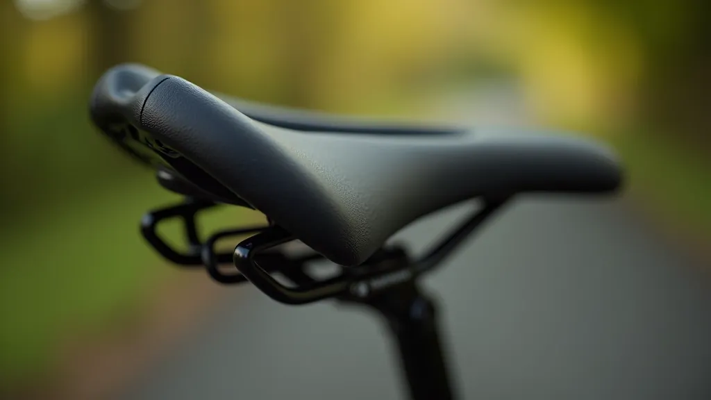 Close-up of comfortable bike saddle and handlebar setup on hybrid bike, showing ergonomic design details