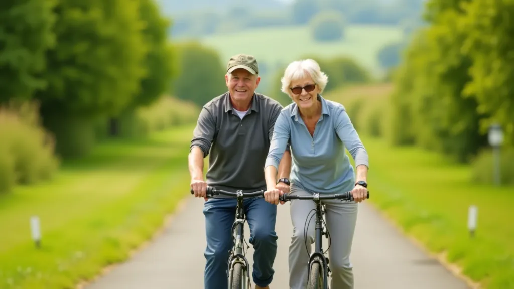 Senior cyclists enjoying a flat cycling path with scenic landscape