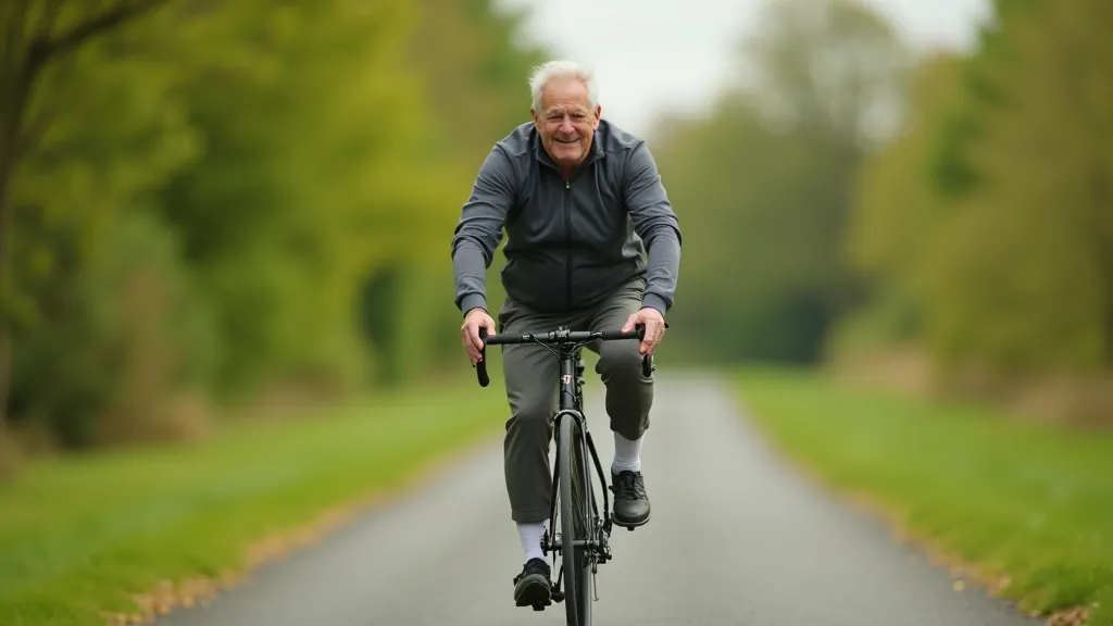 Older adult cyclist riding slowly on a flat paved path, relaxed posture, scenic countryside backdrop with trees