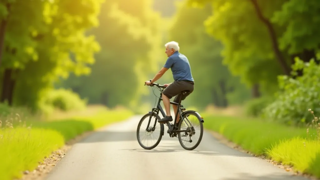 Senior cyclist on comfortable hybrid bike, riding on flat trail with trees in background, sunny afternoon