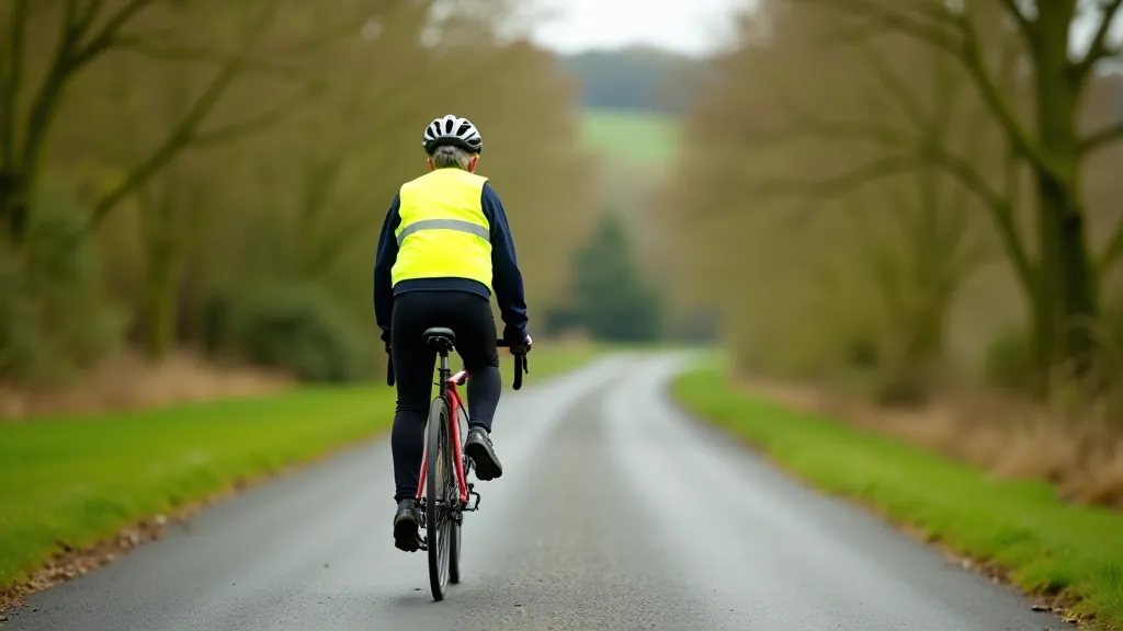 Solo cyclist wearing safety gear including helmet and bright reflective vest riding on a country road